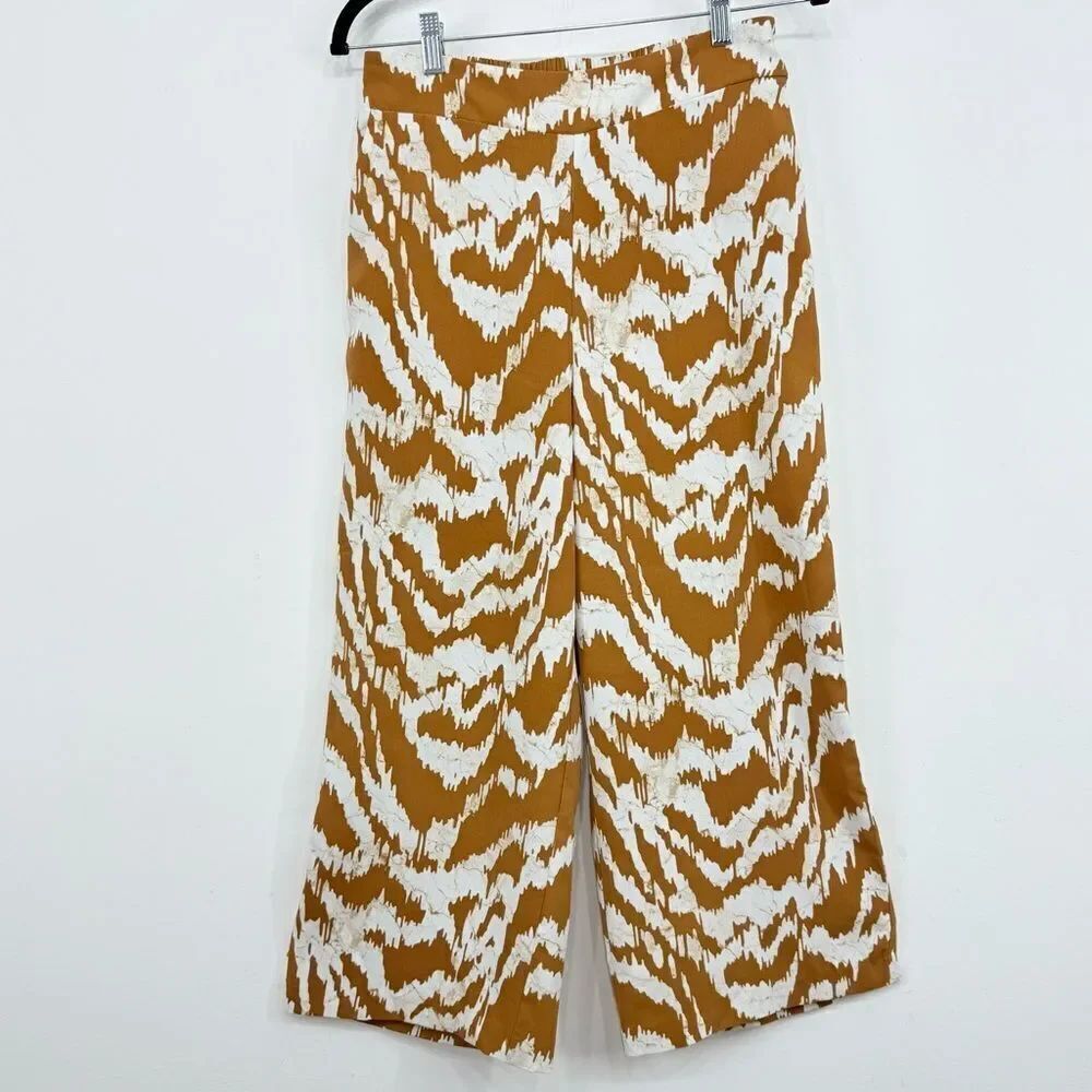 Nine West White Rust Orange Watercolor Abstract Zebra Print Crop Wide Leg Pants